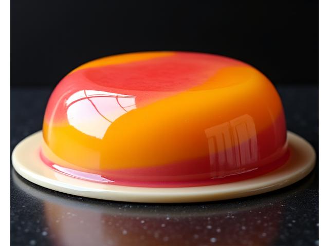 A glossy, mirror-glazed tropical fruit dome cake, vibrant colours, on a dark, elegant background.