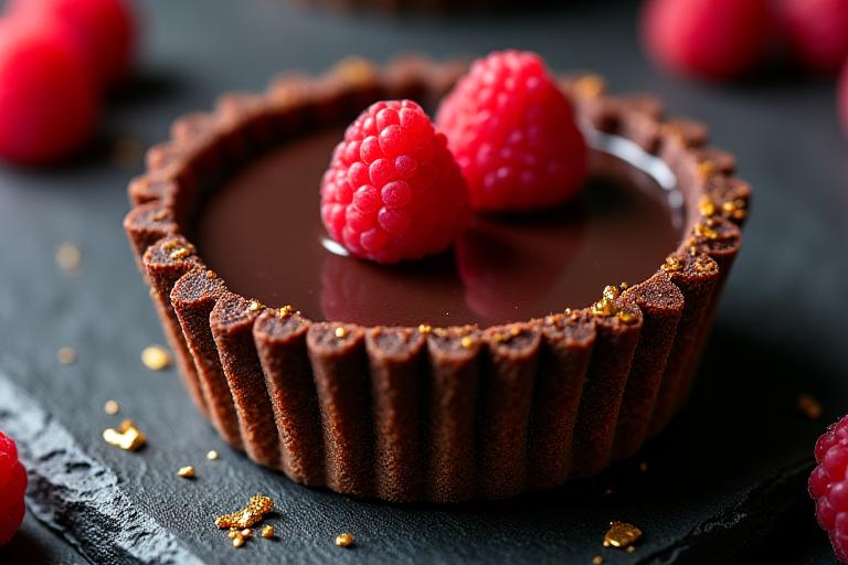 A decadent dark chocolate ganache tart, exquisitely decorated with edible gold leaf and fresh raspberries.