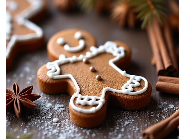 A beautifully decorated gingerbread house or gingerbread man, festive and inviting with icing details.