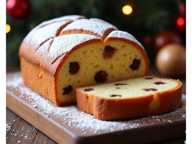 A traditional German stollen bread, dusted with powdered sugar and studded with candied fruit, sliced to show its rich texture.