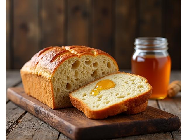 A rustic loaf of bread or cake featuring a visible swirl of honey, with a jar of local honey in the background.