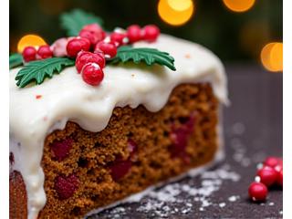 A decadent Christmas cake, richly decorated with festive elements like holly or candied fruits.