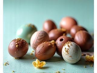 Artisanal chocolate Easter eggs and bunny cookies, beautifully crafted.