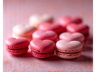 Heart-shaped macarons or small, delicate pastries perfect for Valentine's Day.