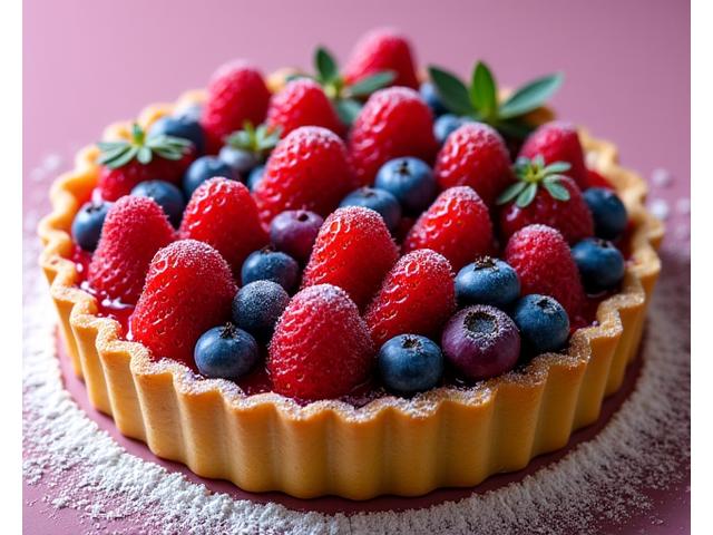 A glistening fresh berry tart with a golden crust, topped with an assortment of colourful berries.