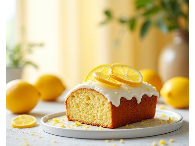 A moist lemon drizzle cake, elegantly glazed with zesty icing and garnished with fresh lemon slices.