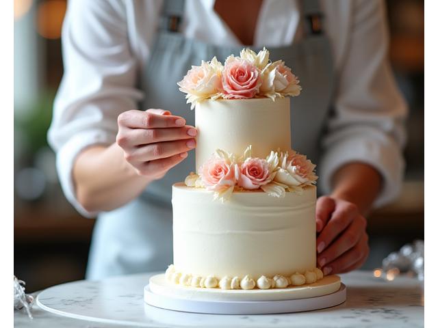 A skilled baker meticulously decorating a bespoke, multi-tiered cake adorned with fresh flowers and delicate frosting, suitable for an elegant celebration.