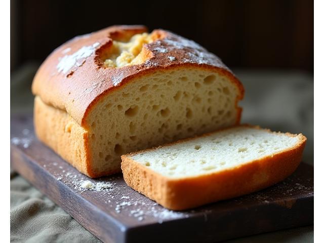 A perfectly baked loaf of gluten-free artisan bread with a golden-brown crust and a sprinkle of flour.