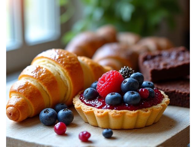 Artfully arranged vegan and gluten-free pastries, including a fluffy vegan croissant, a gluten-free berry tart, and rich chocolate brownies, on a rustic wooden table with natural light.