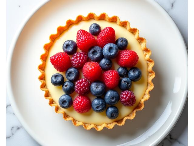 Individual vegan fruit tart filled with vibrant fresh berries and a smooth dairy-free custard.