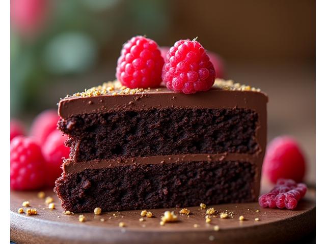 Decadent slice of vegan chocolate fudge cake with a rich ganache topping and fresh berries.